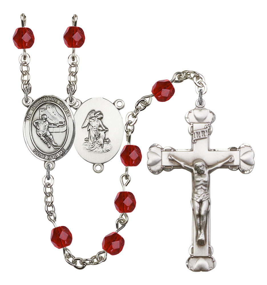 Guardian Angel and Hockey Rosary with Ruby Beads