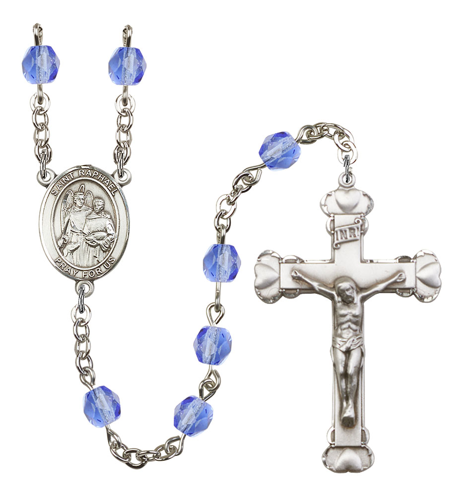 Saint Raphael the Archangel Engravable Rosary with Sapphire Beads