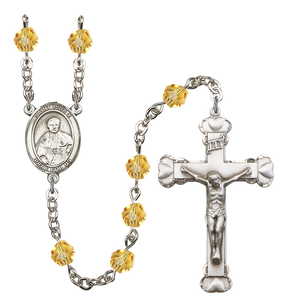 Saint Pius X Engravable Rosary with Topaz Beads