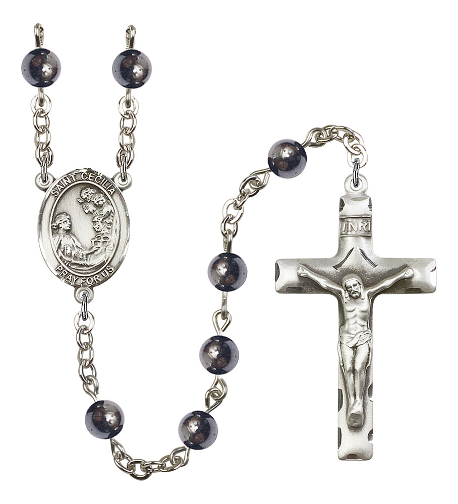 Saint Cecilia Engravable Rosary with 6mm Hematite Beads