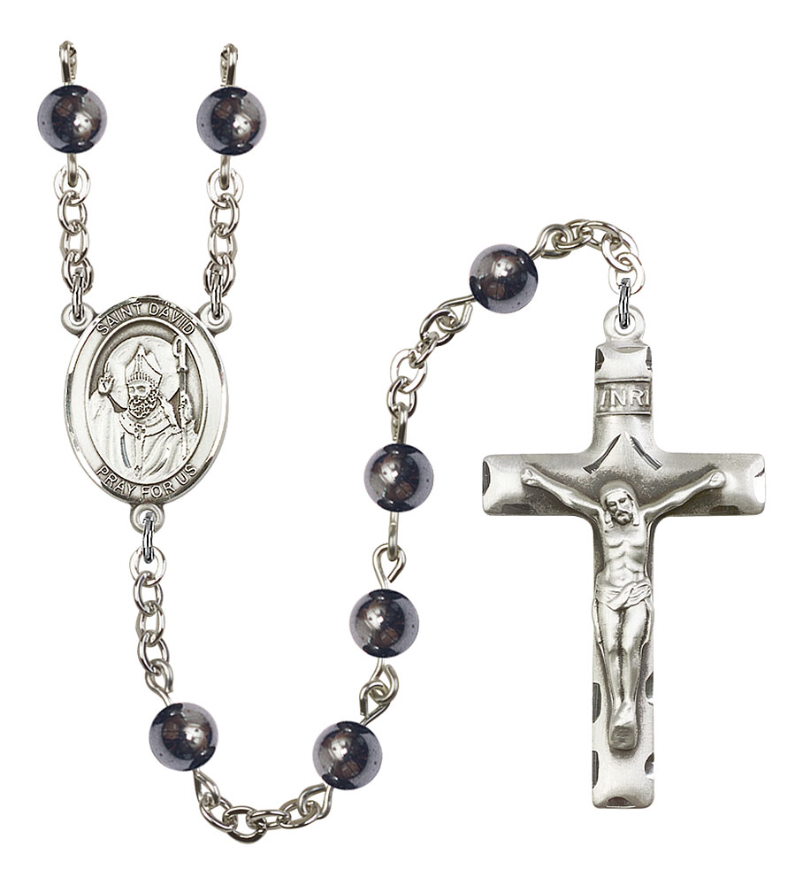 Saint David of Wales Engravable Rosary with 6mm Hematite Beads