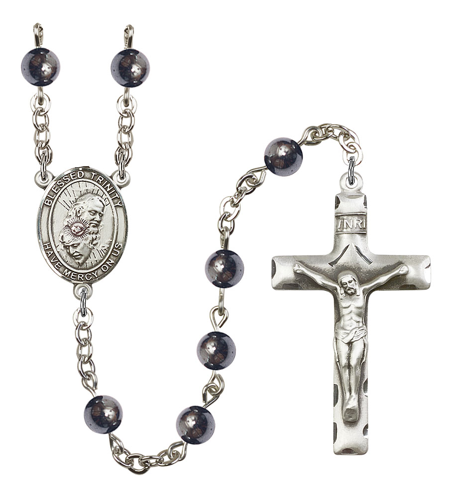 Blessed Trinity Engravable Rosary with 6mm Hematite Beads