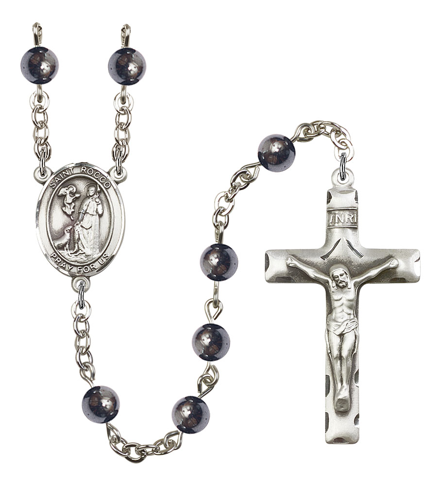 Saint Rocco Engravable Rosary with 6mm Hematite Beads