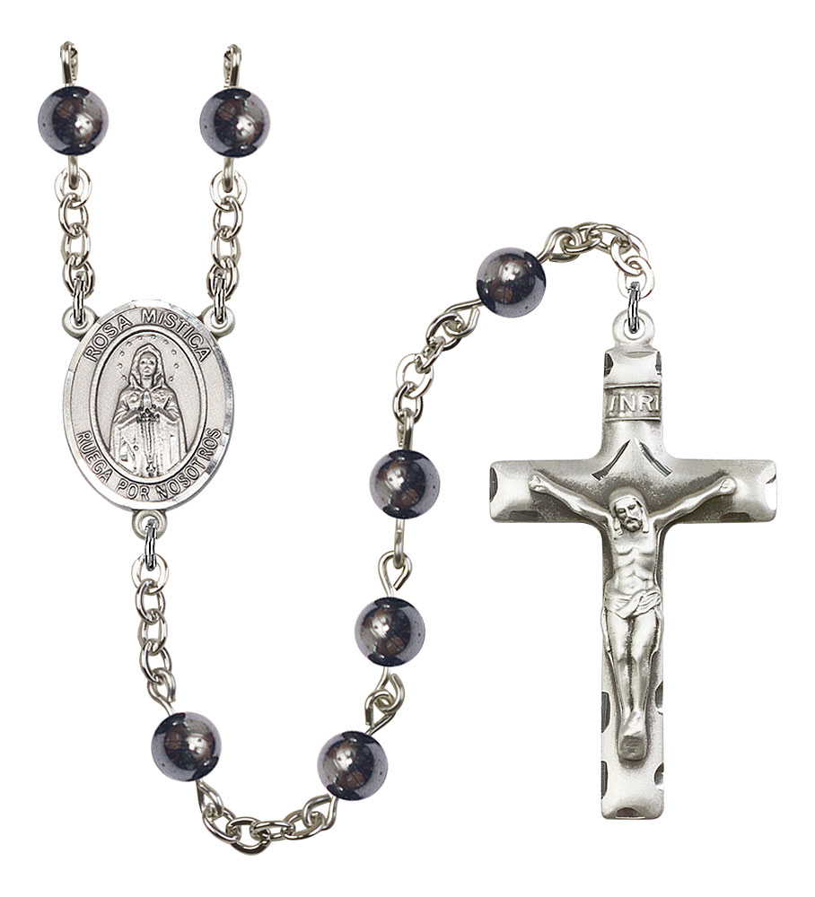 The Crucifix measures 5/8 x 1/4 Patron Saint Eyes/Television Silver Plate Rosary Bracelet features 6mm Sapphire Fire Polished beads The charm features a St Clare of Assisi medal