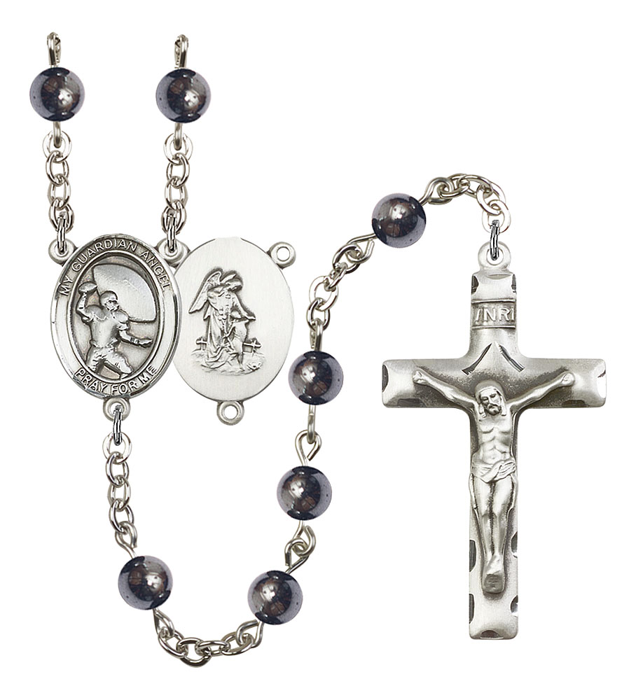 Guardian Angel and Football Rosary with 6mm Hematite Beads