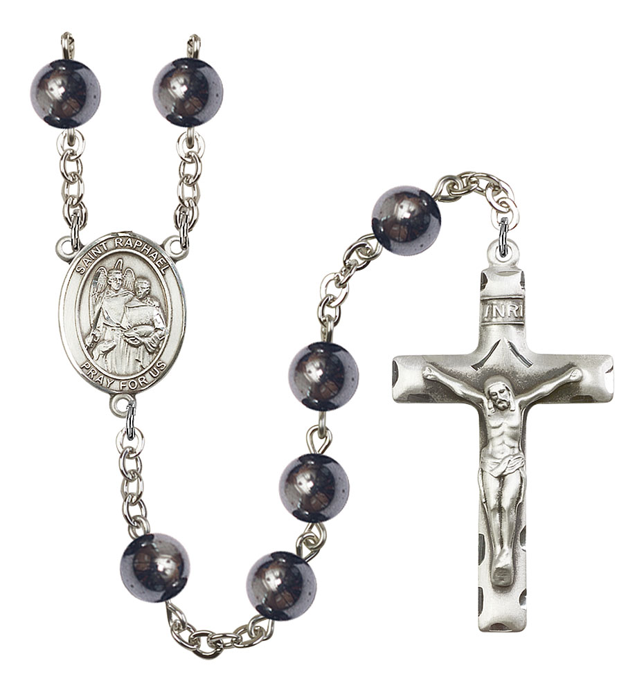 Saint Raphael the Archangel Engravable Rosary with Hematite Beads