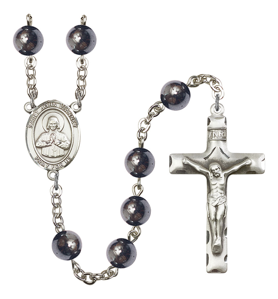 Saint John Vianney Engravable Rosary with Hematite Beads
