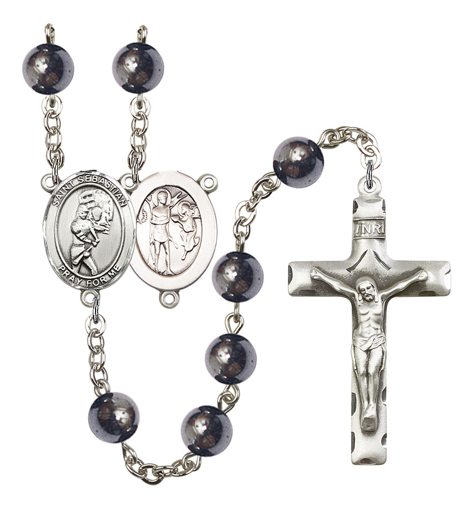 Saint Sebastian and Softball Rosary with Hematite Beads