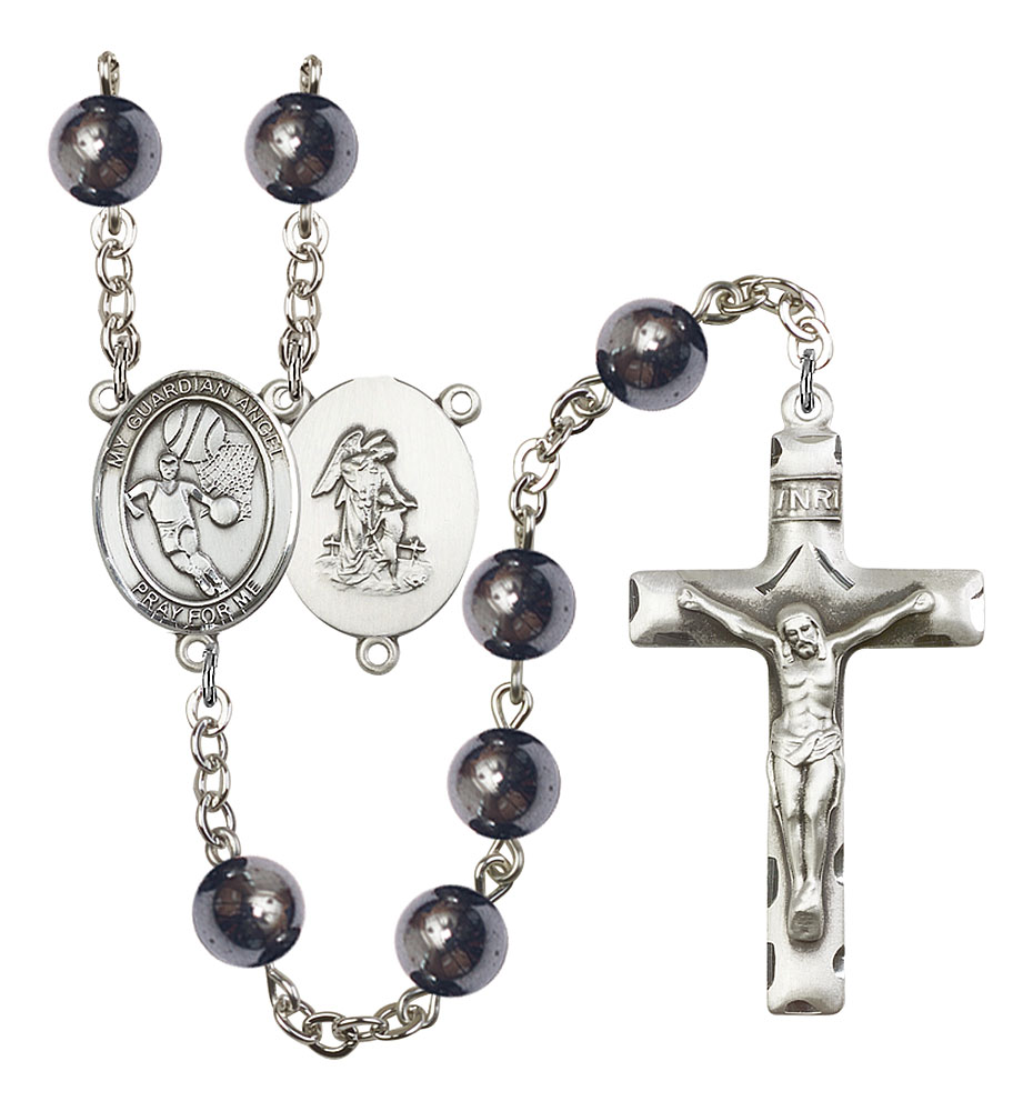 Guardian Angel and Basketball Rosary with Hematite Beads