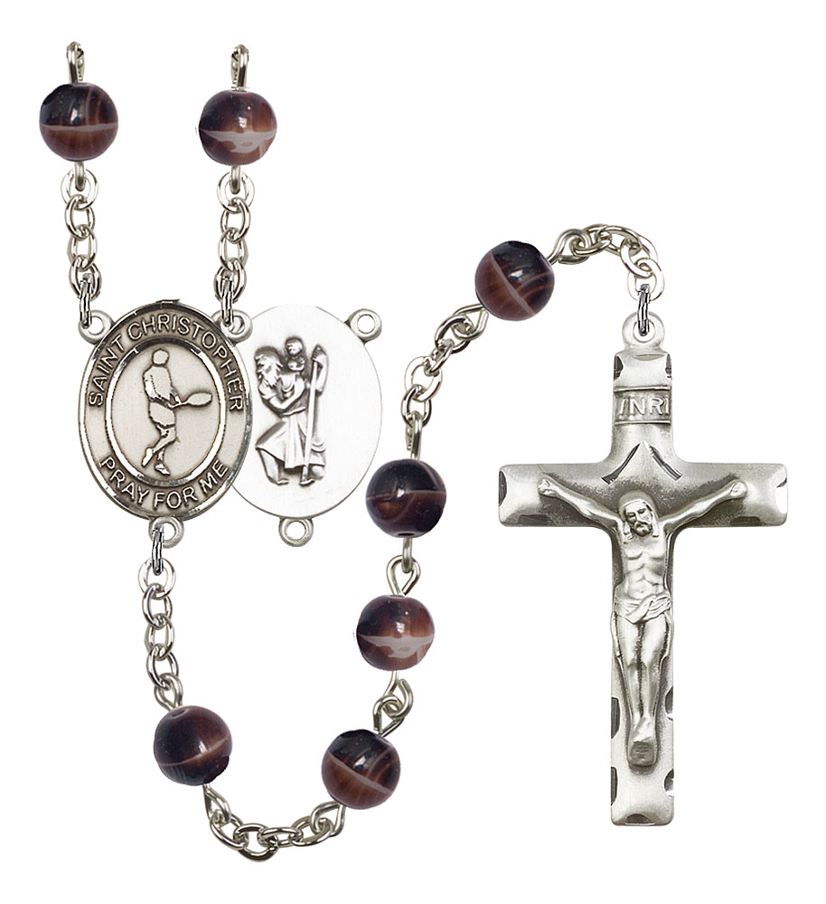 Saint Christopher and Tennis Rosary with Brown Beads