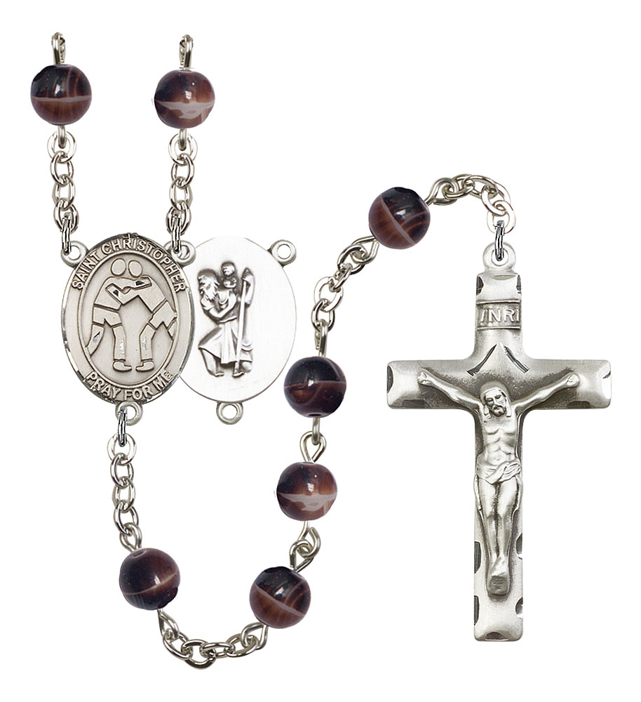 Saint Christopher and Wrestling Rosary with Brown Beads