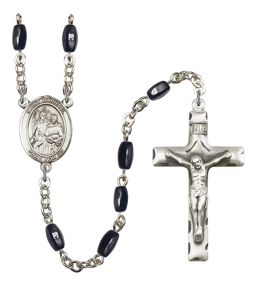 Saint Raphael the Archangel Engravable Rosary with Black Onyx Beads