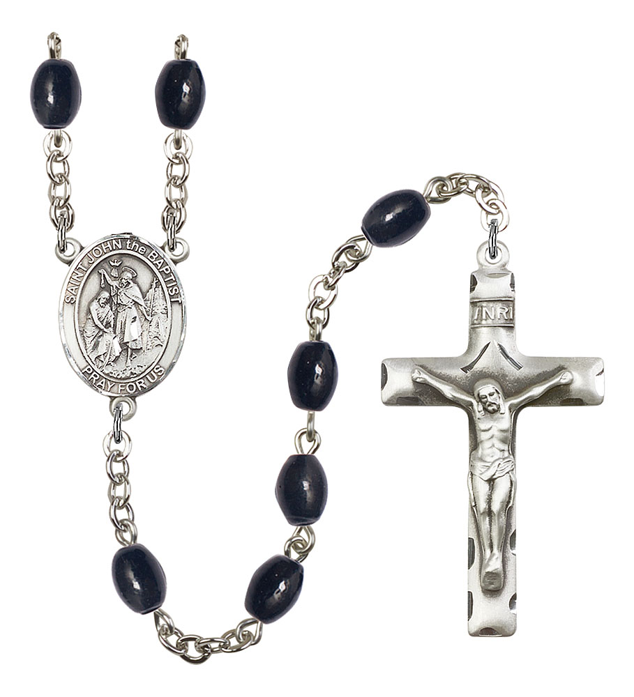 Saint John the Baptist Engravable Rosary with 8X6mm Black Onyx Beads