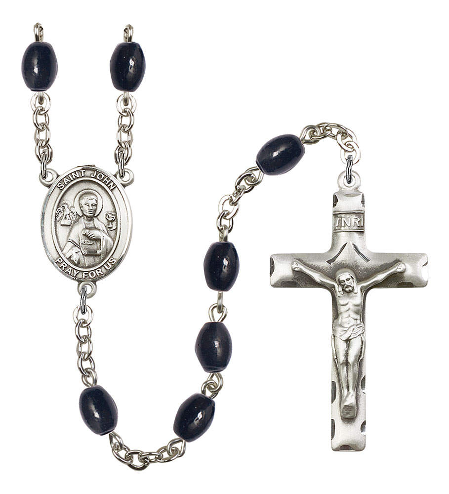 Saint John the Apostle Engravable Rosary with 8X6mm Black Onyx Beads