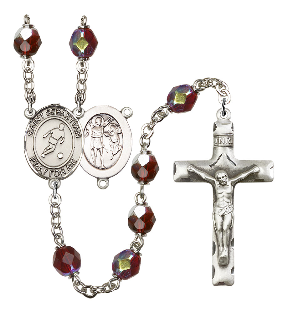 Saint Sebastian and Soccer Rosary with Garnet Aurora Borealis Beads