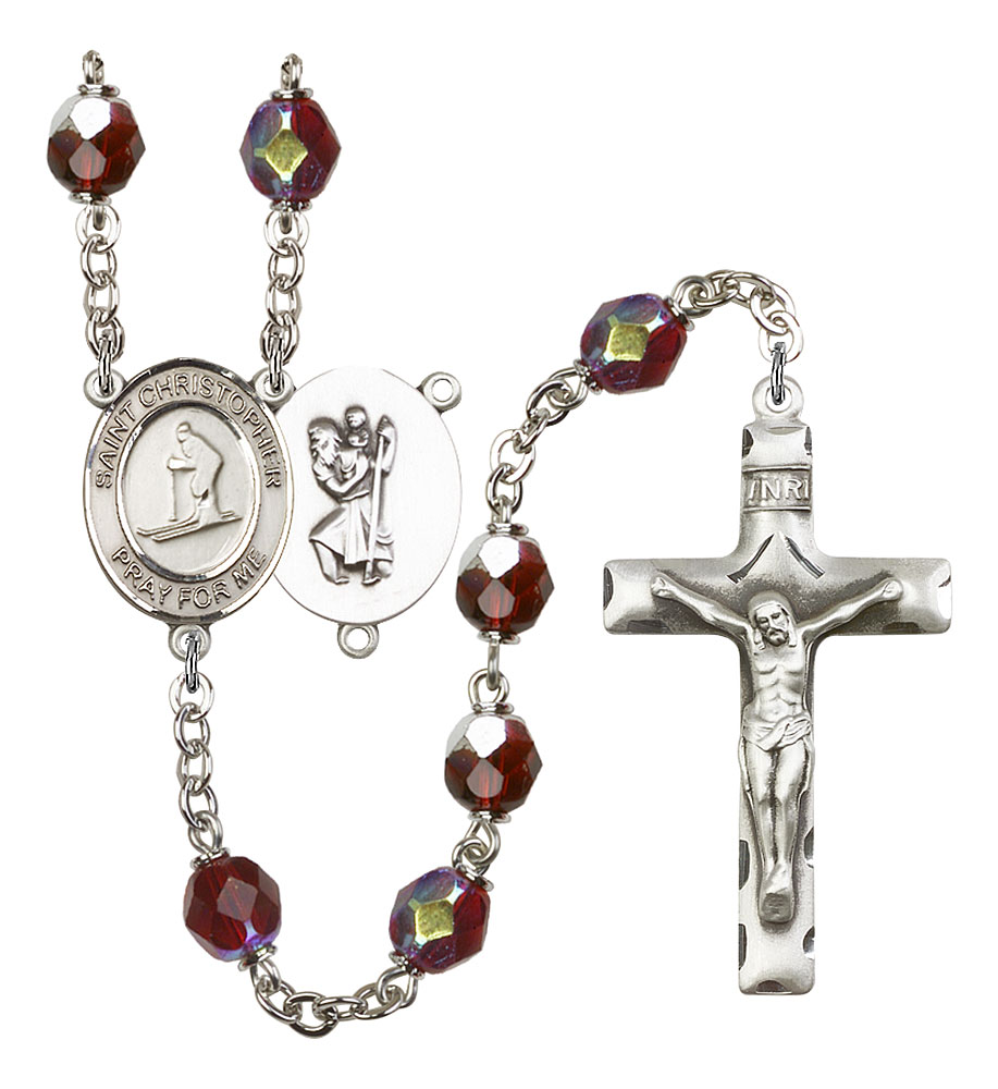 Saint Christopher and Skiing Rosary with Garnet Aurora Borealis Beads