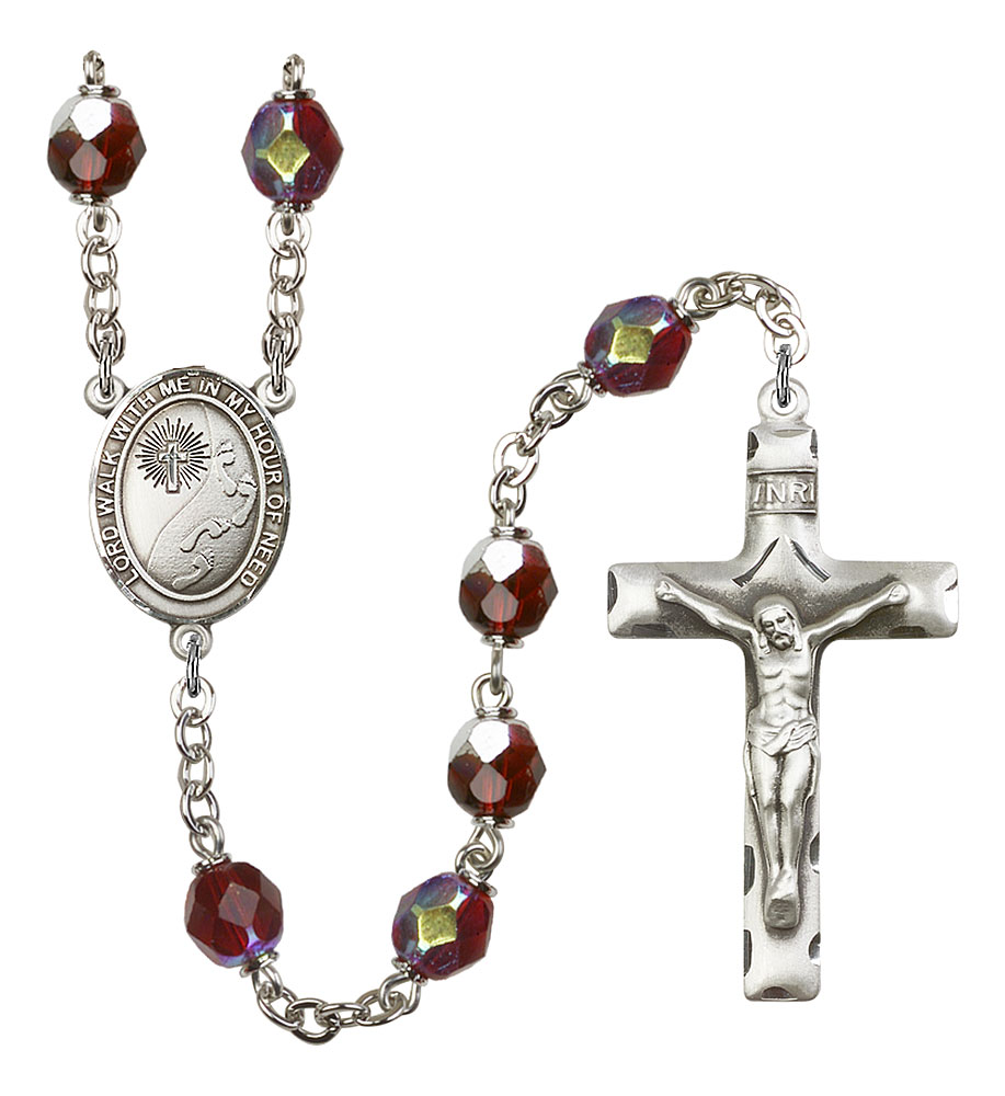 Footprints and Cross Engravable Rosary with Garnet Aurora Borealis Beads