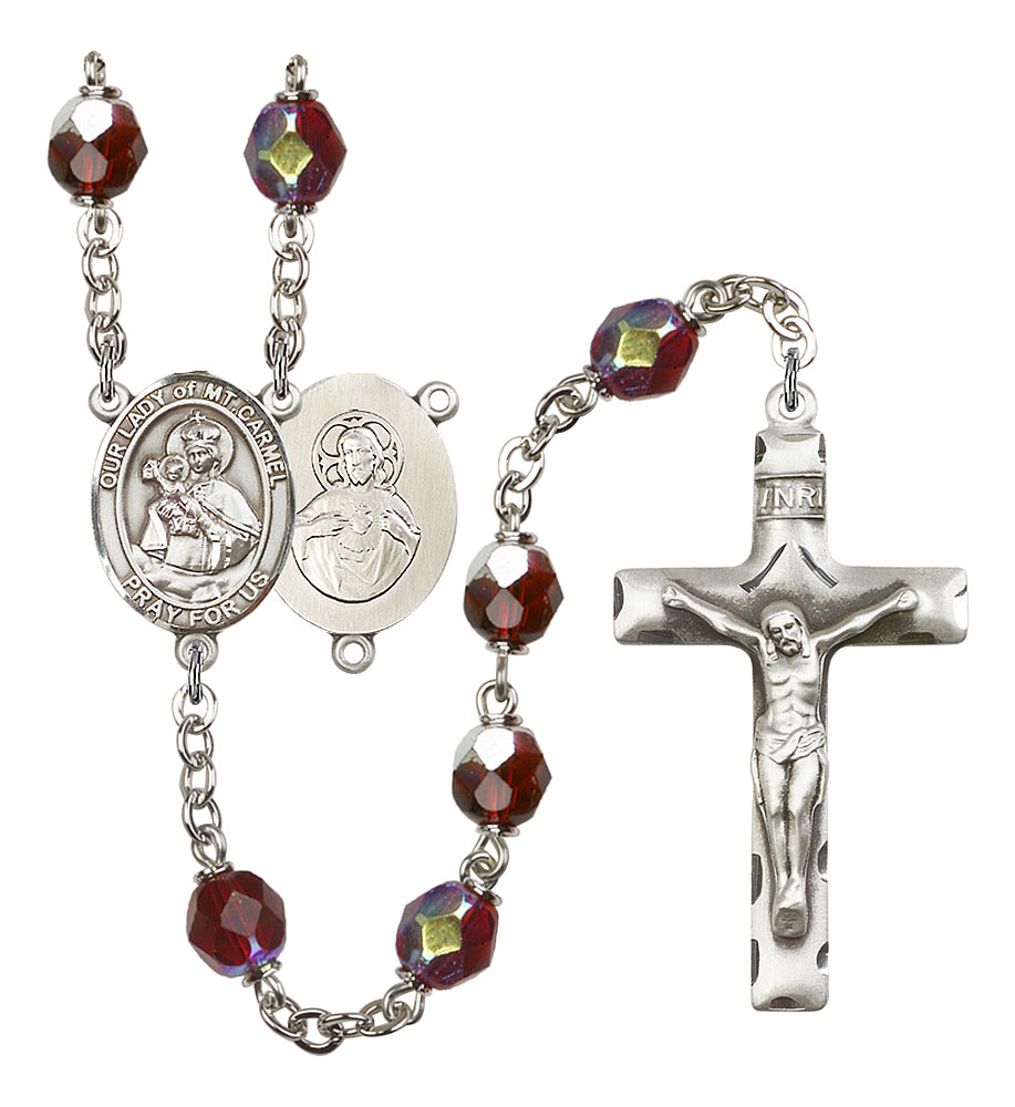 and 1 5/8 x 1 inch Crucifix Our Lady of Mount Carmel Center Silver Finish Our Lady of Mount Carmel Rosary with 6mm Garnet Color Fire Polished Beads Gift Boxed