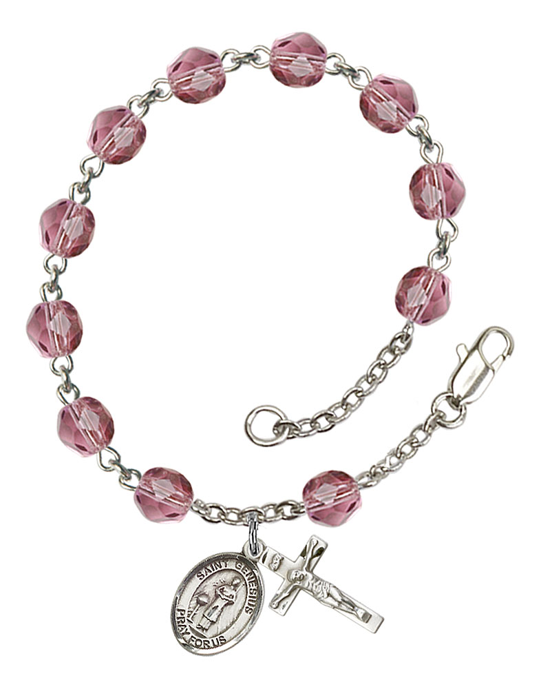 18-Inch Rhodium Plated Necklace with 6mm Crystal Birthstone Beads and Sterling Silver Saint Paul the Hermit Charm. 