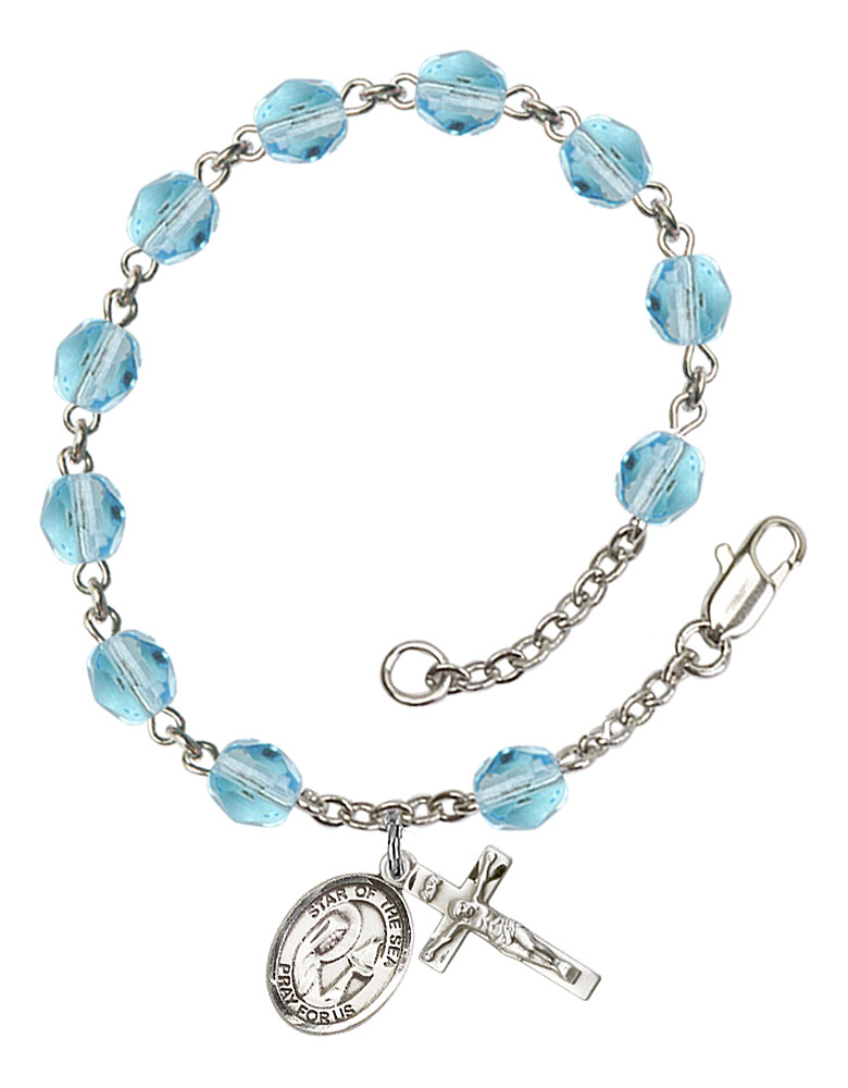 Our Lady Star of the Sea Engravable Rosary Bracelet with Aqua Beads