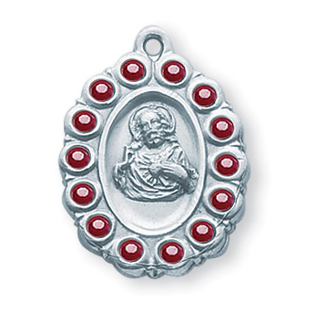 7/8-inch Sterling Silver Scapular Medal with Finest Austrian Crystal Ruby Stones 18-inch Chain