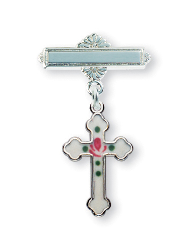 Sterling Silver White Flower Enameled Baby Cross Pin