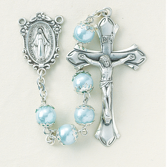 Light Blue Imitation Pearl Double Capped Rosary - Engravable