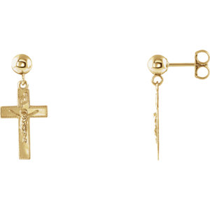 14K Gold 20x9 MM Crucifix Ball Dangle Earrings