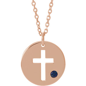 14K Rose Sapphire Pierced Cross Disc 16-18" Necklace