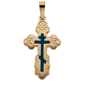 14K Yellow Gold Orthodox Cross Pendant with Blue