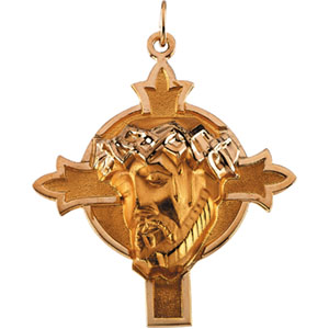 14K Yellow Gold Head Of Jesus with Crown Cross Pe