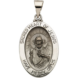 14K White Gold Hollow Oval Sacred Heart Of Jesu