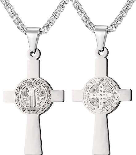 Platinum-Plated Stainless Steel St. Benedict Cross Necklace