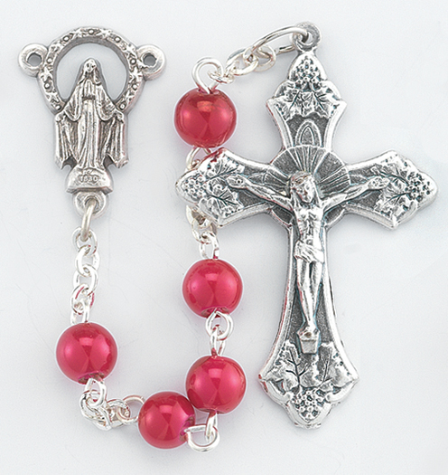 Gift Boxed and 1 5/8 x 1 inch Crucifix Josemaria Escriva Rosary with 6mm Ruby Color Fire Polished Beads Catholic Saint Medals Silver Finish St St Josemaria Escriva Center 