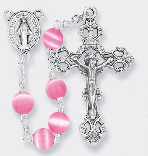 The charm features a St The Crucifix measures 5/8 x 1/4 Silver Plate Rosary Bracelet features 6mm Pink Fire Polished beads Maria Bertilla Boscardin medal. 