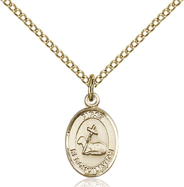 18-Inch Hamilton Gold Plated Necklace with 4mm Gold Filled Beads and Gold Filled Saint Rebecca Charm. 