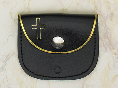 Navy 4 Inches x 3 Inches and White Stripe Plaid Design Lined Fabric Prayer Bead Pouch with Zipper Closure Top Black Rosary Case Bag with Small Red