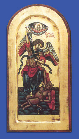 16" x 8" Hand Painted Arched and Gold Leaf Icon of St Michael the Archangel