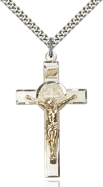 St BENEDICT MEDAL 3TALL CRUCIFIX GOLD PLATED/ BROWN FINISH/ Cruz San  Benito