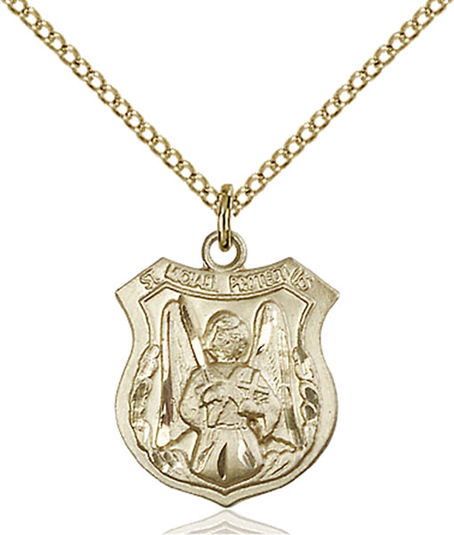 18-Inch Hamilton Gold Plated Necklace with 6mm Sapphire Birthstone Beads and Gold Filled Saint Michael Navy Charm. 