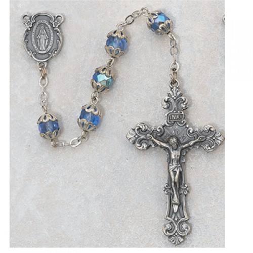 Silver Finish San Juan de la Cruz Rosary with 6mm Saphire Color Fire Polished Beads and 1 5/8 x 1 inch Crucifix San Juan de la Cruz Center Gift Boxed