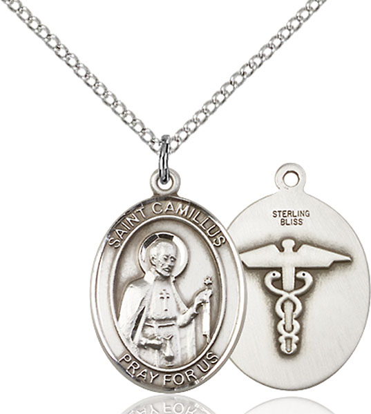 18-Inch Rhodium Plated Necklace with 4mm Sapphire Birthstone Beads and Sterling Silver Saint Victor of Marseilles Charm. 