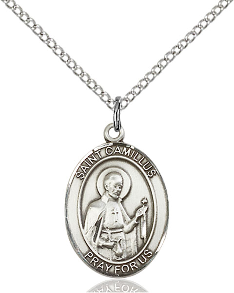 Sterling Silver Baby Badge with St Camillus of Lellis Charm and Angel w/Wings Badge Pin 1 1/8 X 1 1/8 inches 