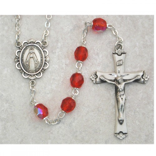 St Valentine of Rome Rosary with 6mm Garnet Color Fire Polished Beads and 1 3/8 x 3/4 inch Crucifix Valentine of Rome Center Gift Boxed Silver Finish St