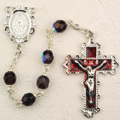 St and 1 3/8 x 3/4 inch Crucifix Silver Finish St Gift Boxed Maximilian Kolbe Center Maximilian Kolbe Rosary with 6mm Ruby Color Fire Polished Beads