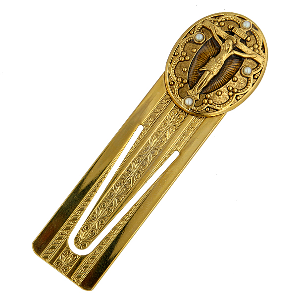 14K Gold-Dipped Simulated Pearl Crucifix Small Bookmark
