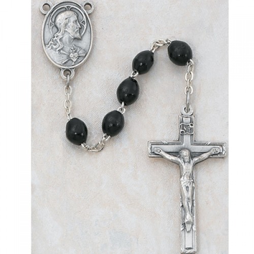 Sterling Silver 4X6MM Black Wood Rosary
