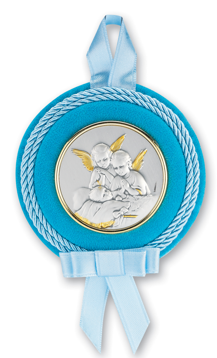 3 1/4-inch Sterling Silver Blue Guardian Angel Crib Medal