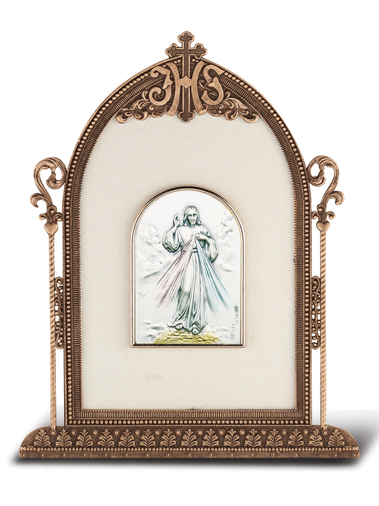 Antique Bronze Gold Plated Metal Frame with Sterling Silver Divine Mercy Image