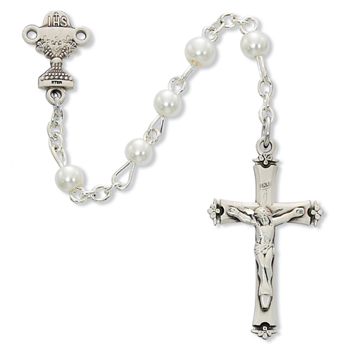 Sterling Silver 5MM White Pearl Communion Rosary